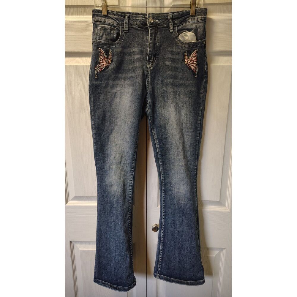 Sky High Trak Butterfly Embroidered Jeans Size 13 Medium Wash Bootcut Flare